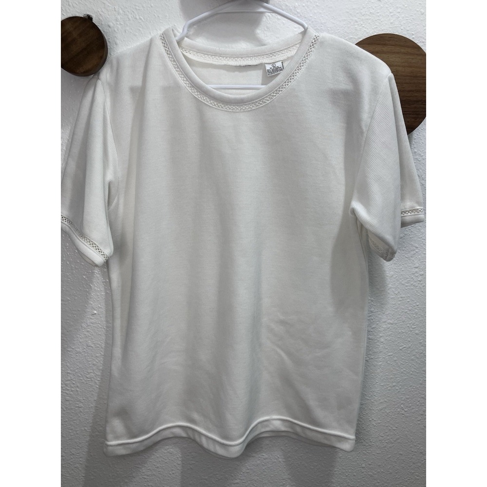 Vintage 90s French Laundry White Ribbed Knit Tee Shirt Mesh Lattice Trim Large